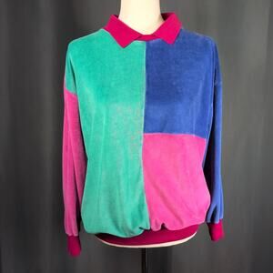 Vintage 80s/90s Color Block Velour Collared Pullover Sweater Lindsey Blake Small